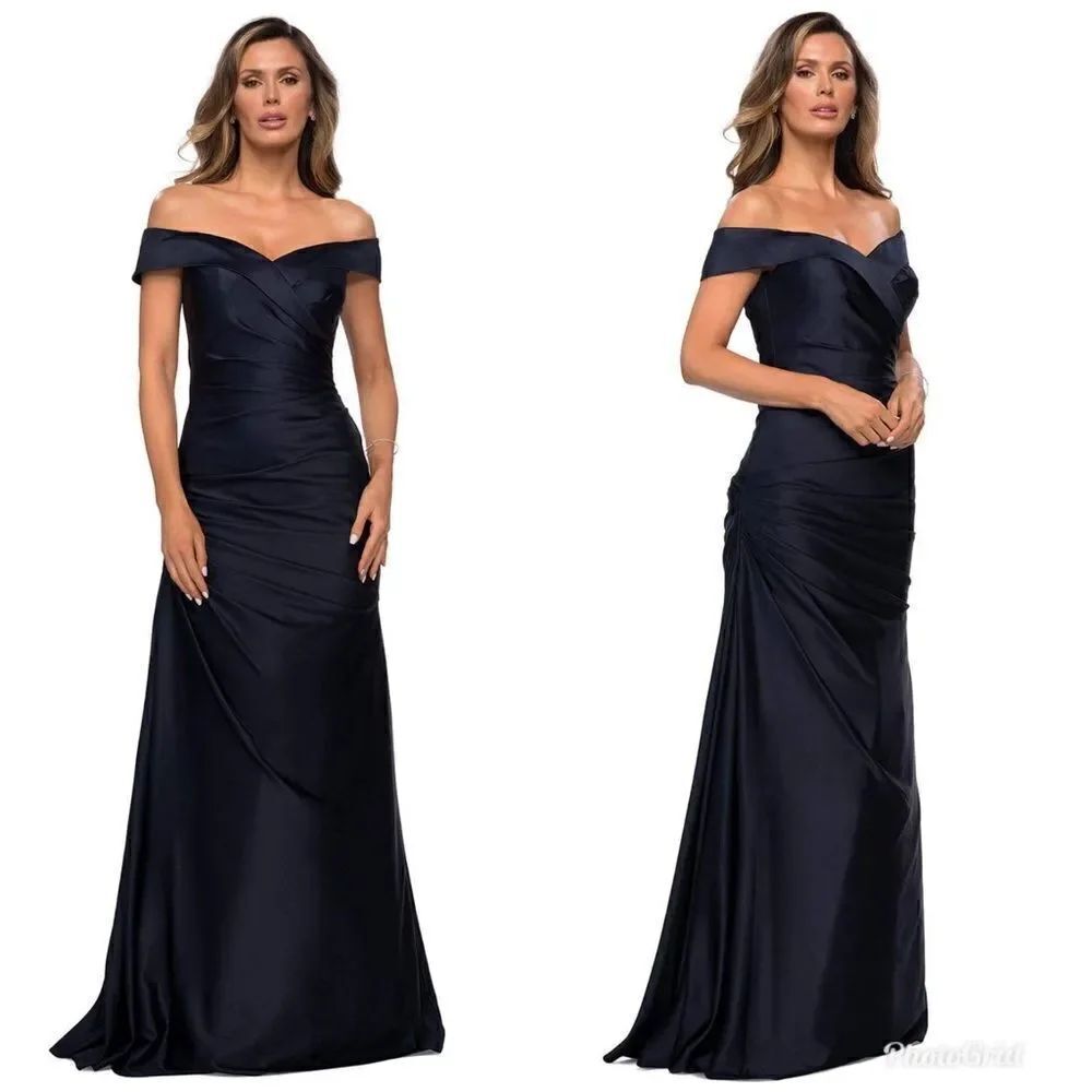 Revolve La Femme Navy Off Shoulder Pleated Satin Evening Gown